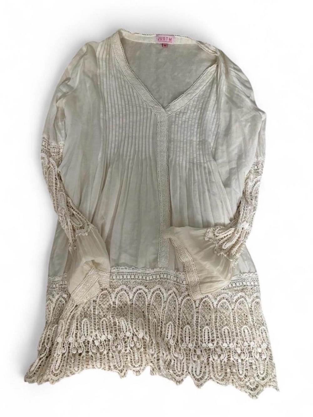Just Me Cream Lace-Trim V-Neck Tunic Blouse